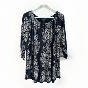 Lucky Brand Blouse Womens 2X Black Floral Scoop Neck 3/4 Sleeve Tunic Top